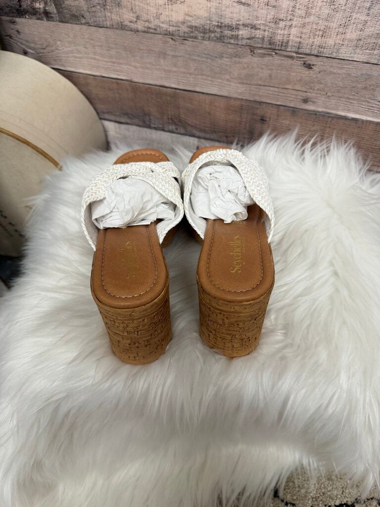 NWT Seychelles LA White Raffia Cork Block Heel