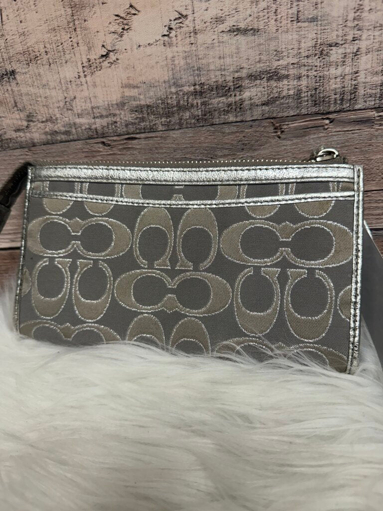 Coach Tan & Silver Signature Logo Print Wristlet