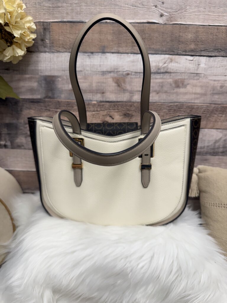 Calvin Klein Cream Pebbled Leather Tote Bag