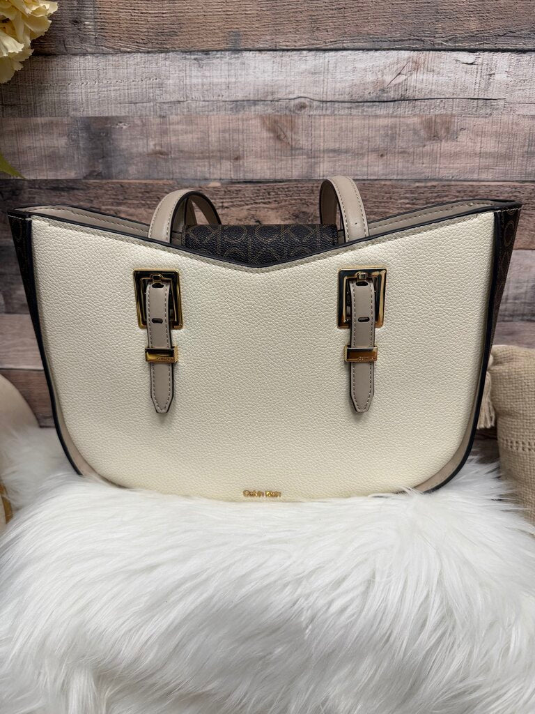 Calvin Klein Cream Pebbled Leather Tote Bag