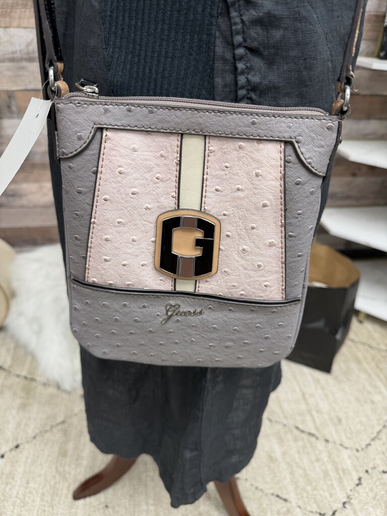 Guess Grey/Pink Faux Ostrich Leather Handbag