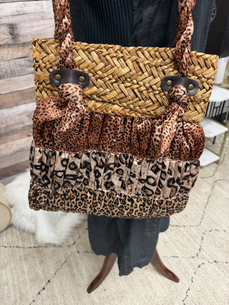 Blue Miami Woven Straw Leopard Print Bag