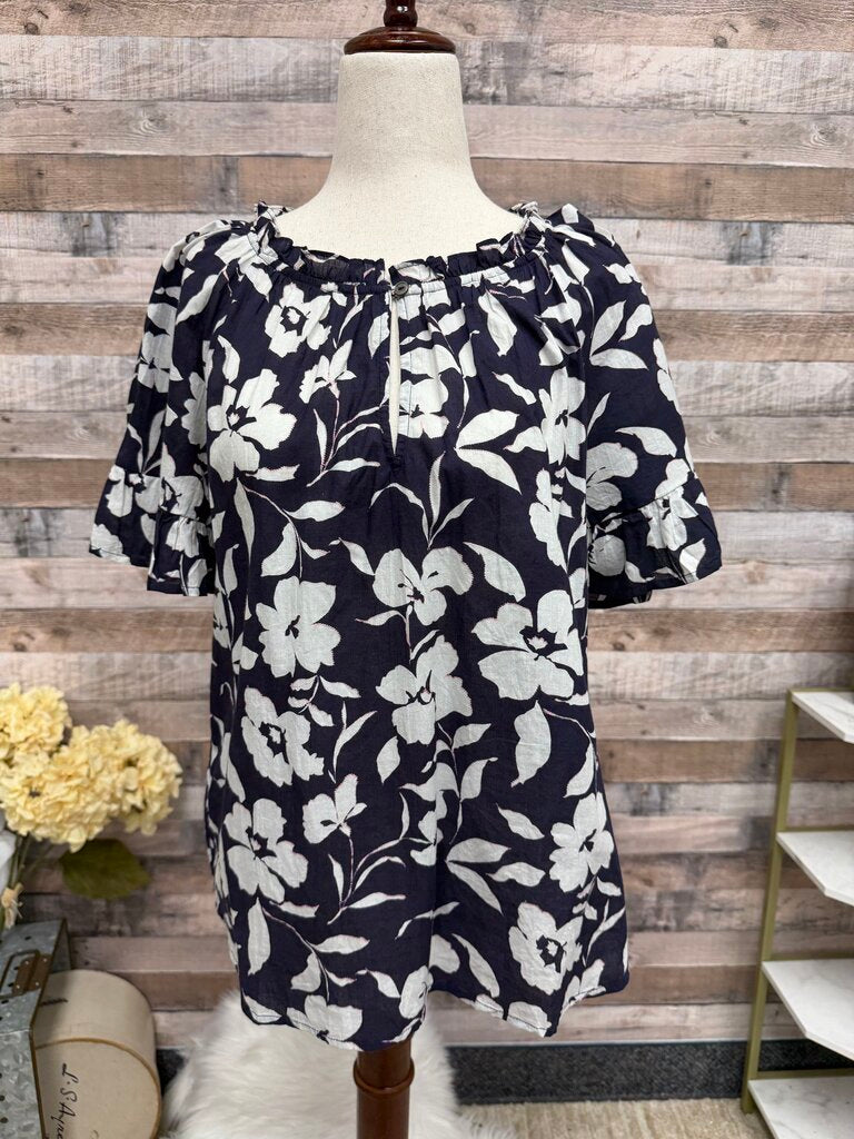 Velvet by Graham & Spencer Navy Flutter Sleeve Floral Blouse