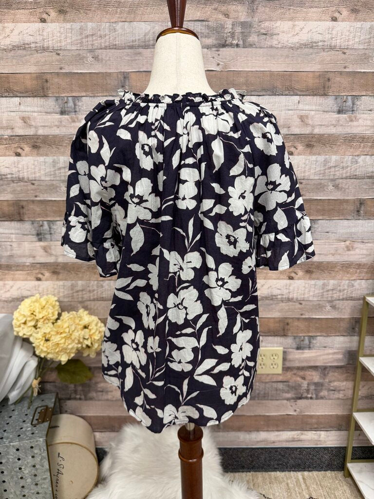 Velvet by Graham & Spencer Navy Flutter Sleeve Floral Blouse