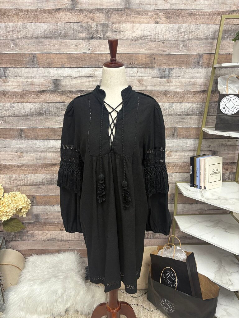 Black Ulla Johnson Long Sleeve Dress With Fringe Detail