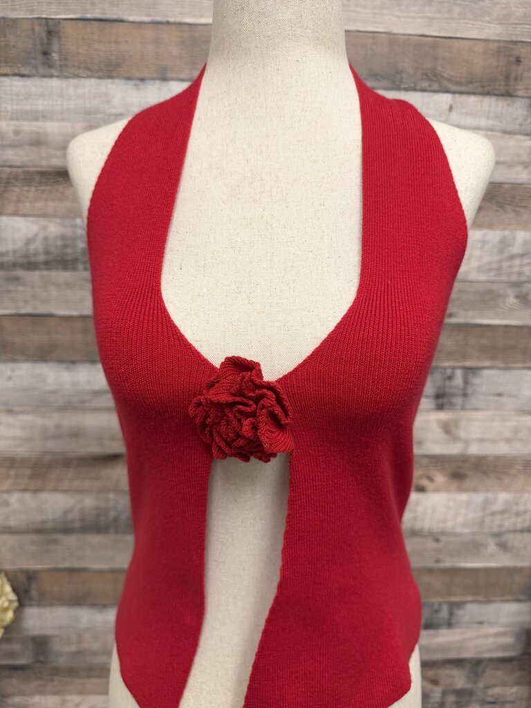 COMMENSE Red Textured Knit Halter Top