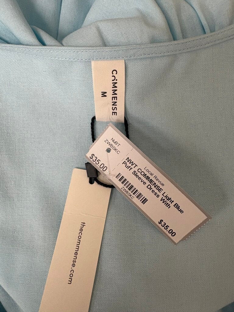 NWT COMMENSE Light Blue Puff Sleeve Dress With Smocked Waist