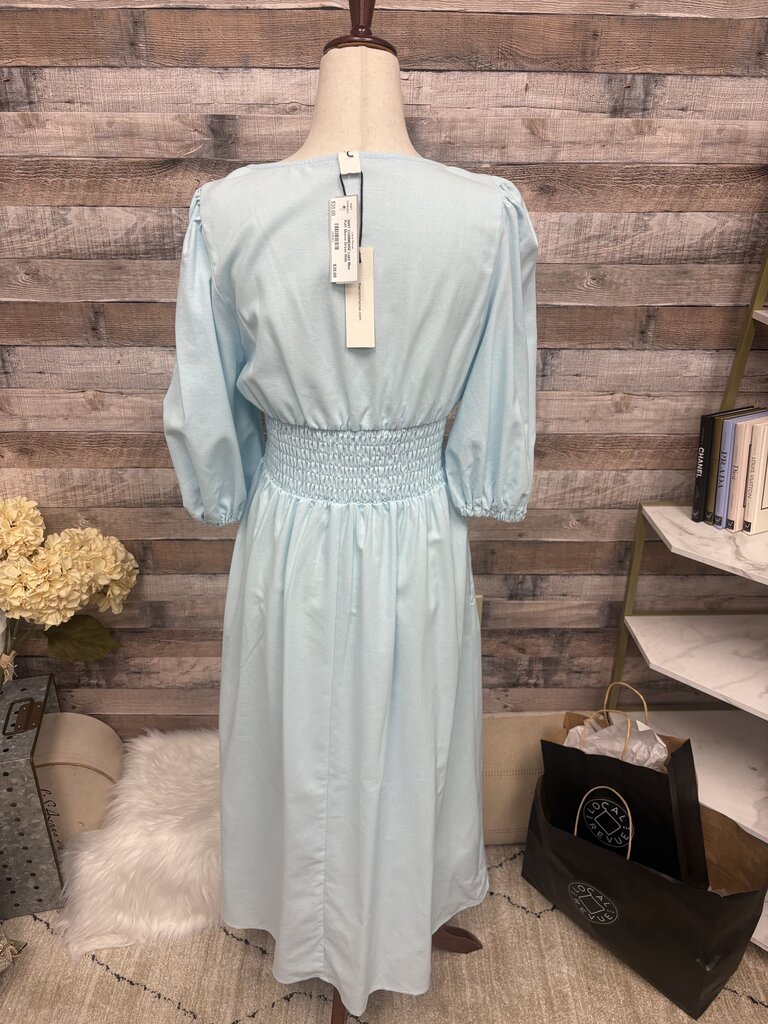 NWT COMMENSE Light Blue Puff Sleeve Dress With Smocked Waist