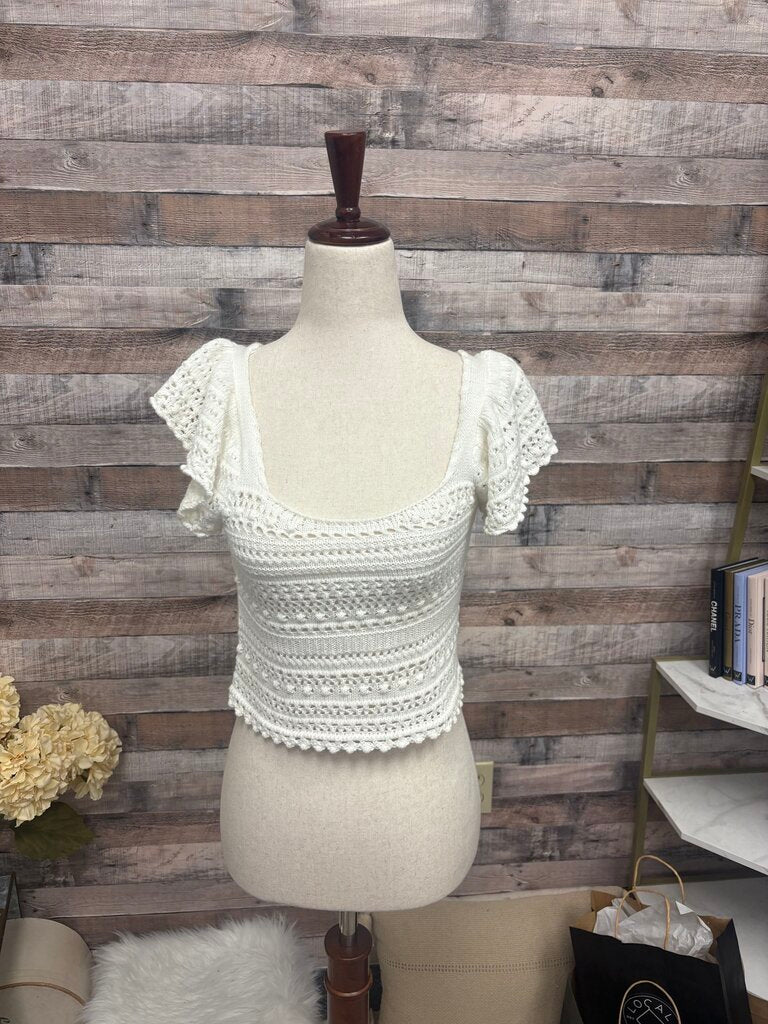 Sincerely Jules White Chrochet Knit Crop Top With Ruffle Cap Sleeves