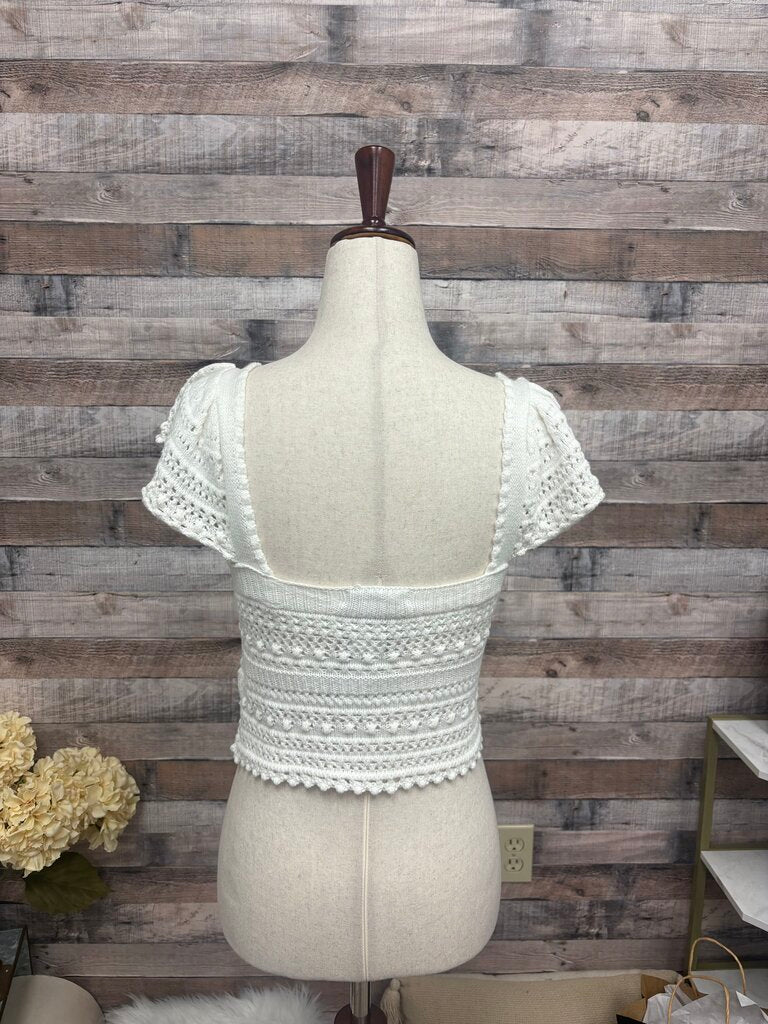 Sincerely Jules White Chrochet Knit Crop Top With Ruffle Cap Sleeves