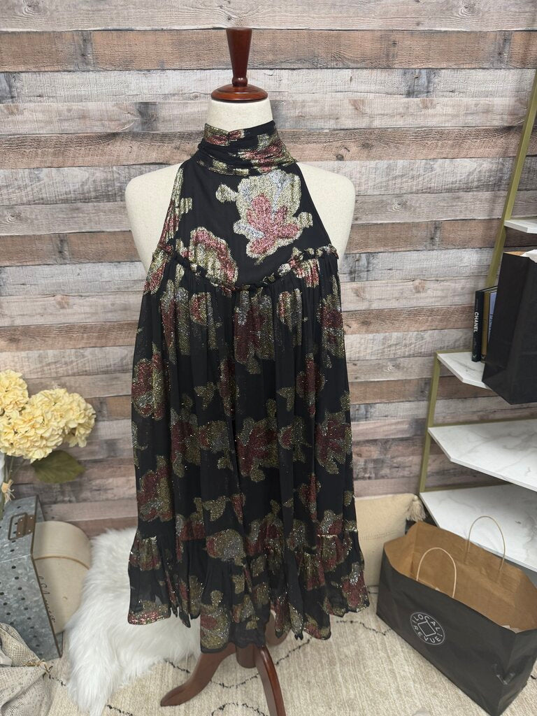 Maeve By Anthropologie Black Metallic Floral Mini Dress