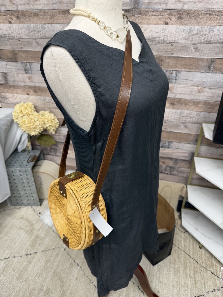 Woven Rattan Round Bag With Leather Strap