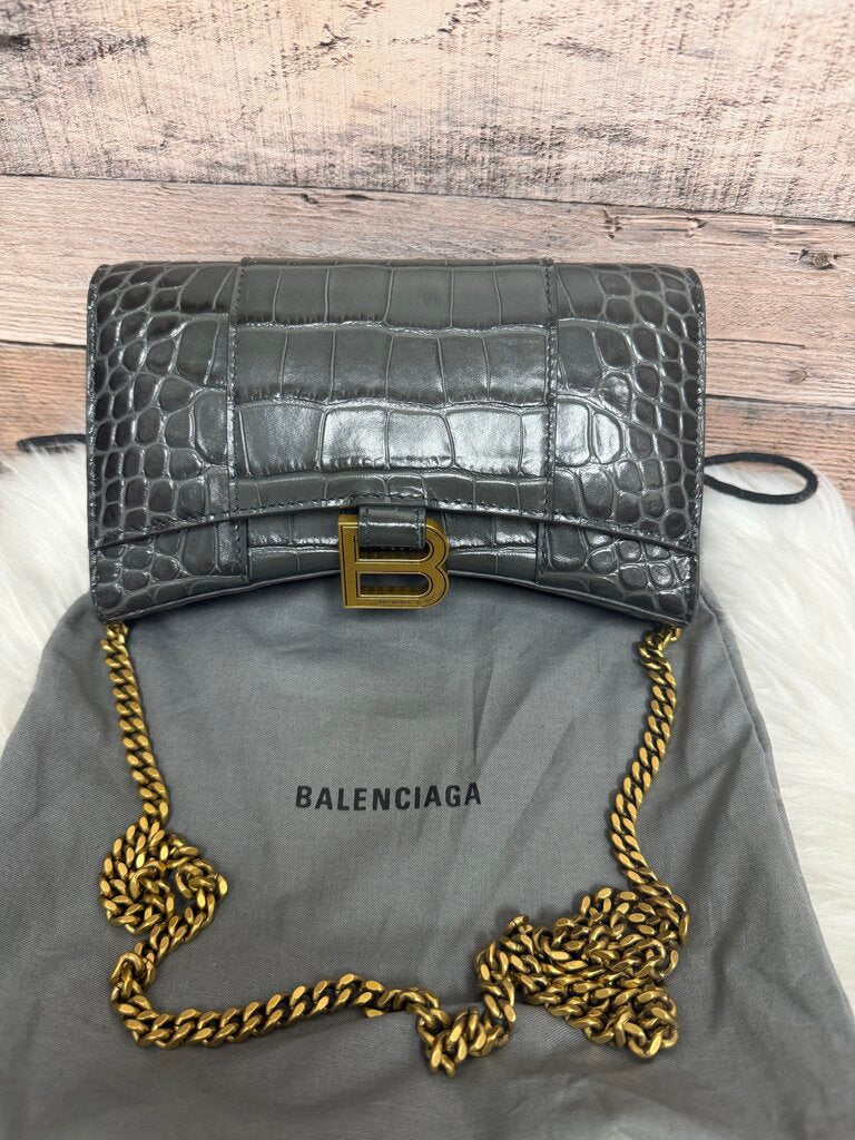 Balenciaga Hourglass Croc Embossed Gold Chain Crossbody