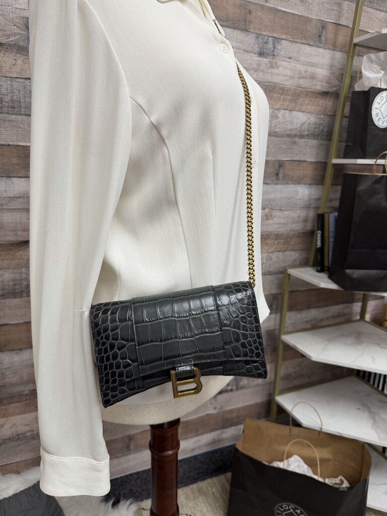 Balenciaga Hourglass Croc Embossed Gold Chain Crossbody