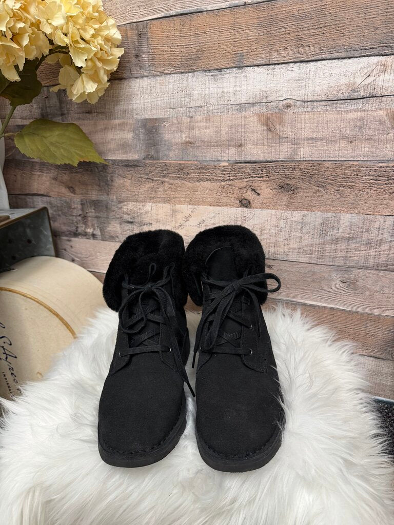 UGG Black Suede Lace-Up Shearling Cuff Boot