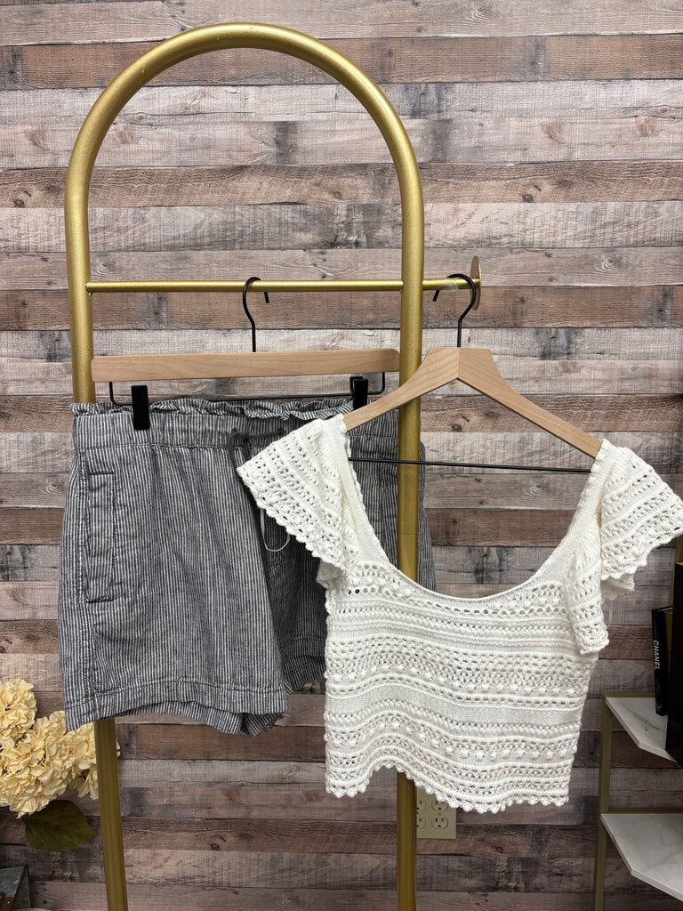 Loft Grey/White Striped High Waisted Shorts With Pockets