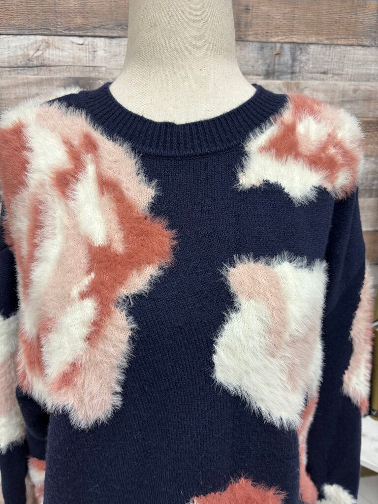 Charlie B Navy/Pink Floral Print Knit Sweater Fuzzy Fabric