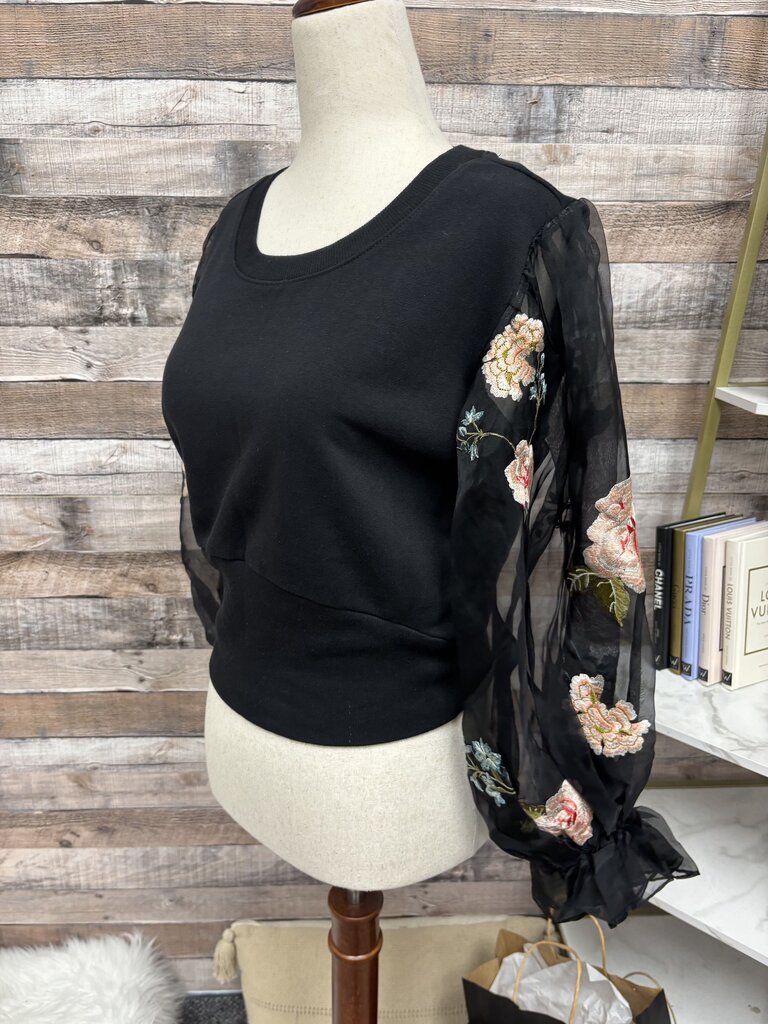 Anthropologie Black Floral Sleeve Sweatshirt Made with Mesh Sleeve Pink Flowers