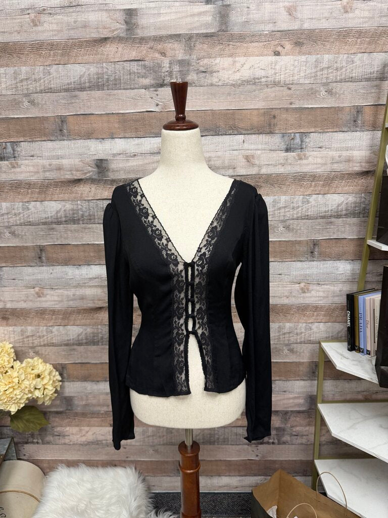 Reformation Black Lace Trim Victorian Blouse