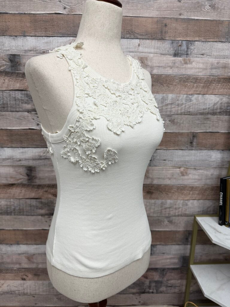 NWT Anthropologie White Embellished Lace Top Sleeveless Crochet Lace Cotton/Linen Blend
