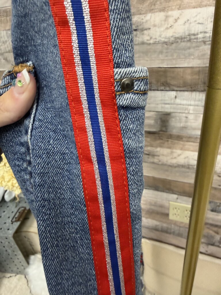 Zara Straight Leg With Side Stripes Red,Blue,Metallic Medium wash