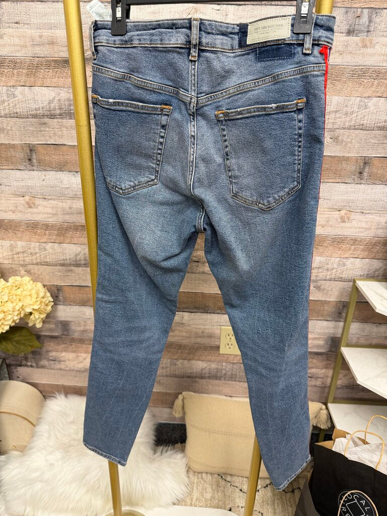 Zara Straight Leg With Side Stripes Red,Blue,Metallic Medium wash