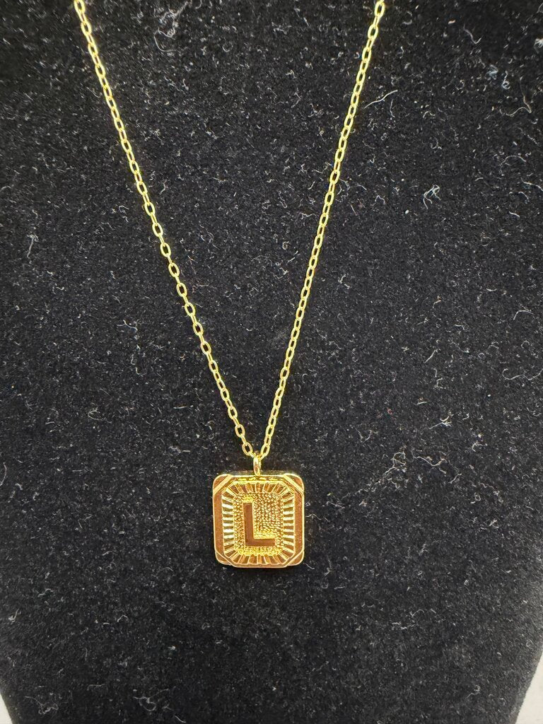 Gold Tone Engraved Square Pendant Necklace N/A Gold N/A women NECKLACE - JEWELRY