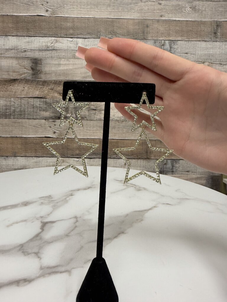 Gold Tone Double Star Dangle Earrings With Rhinestone Embellished N/A Gold N/A women TOPS