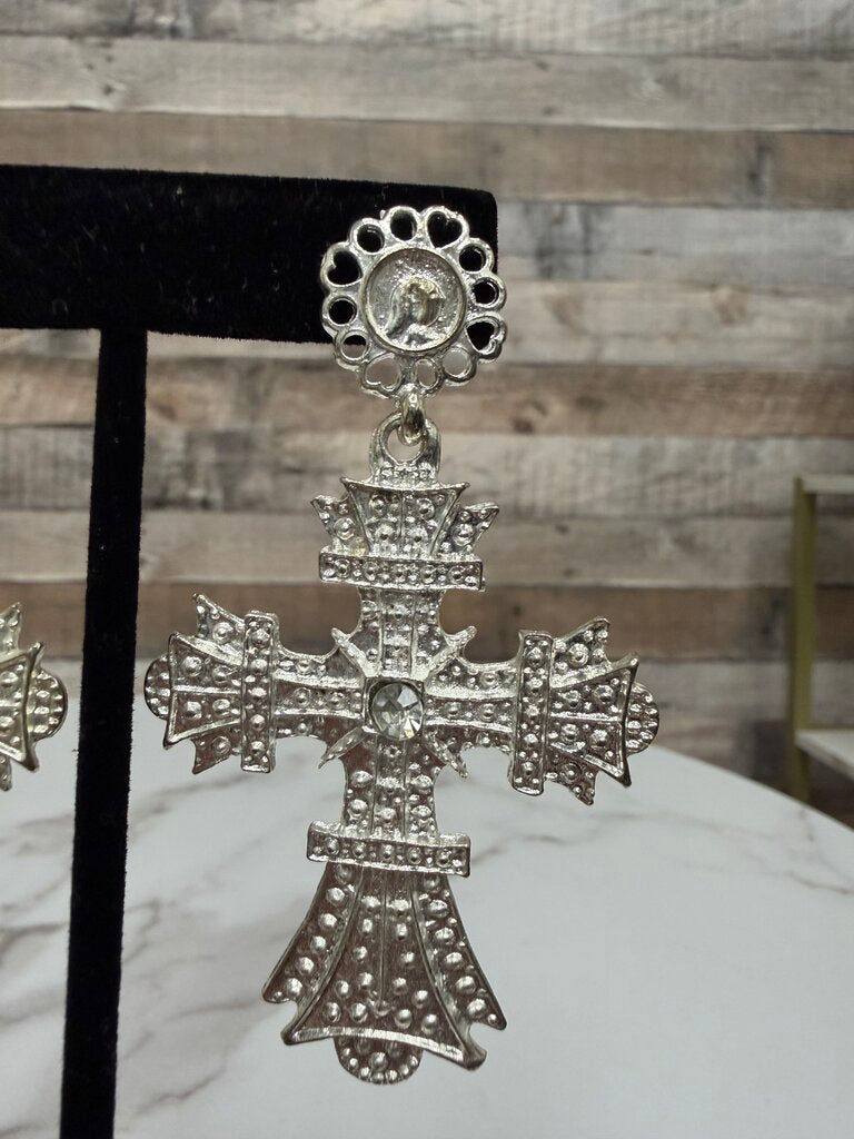 Silver Tone Rhinestone Cross Dangle Earrings N/A Silver N/A women EARRINGS - JEWELRY