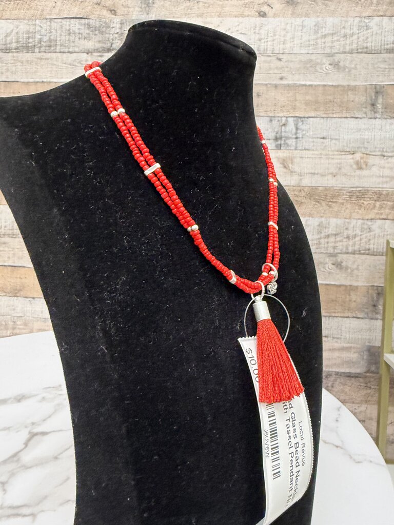 Red Glass Bead Necklace With Tassel Pendant N/A Red N/A women NECKLACE - JEWELRY