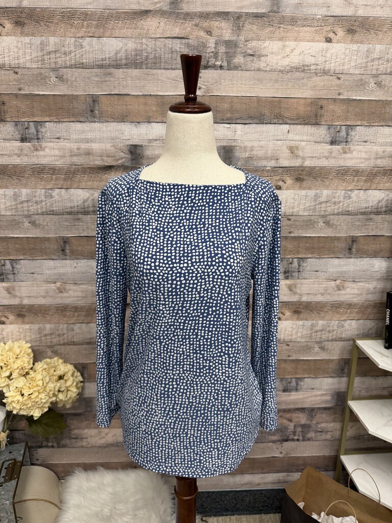 Anne Klein Navy/White Dot Print Crew Neck Top