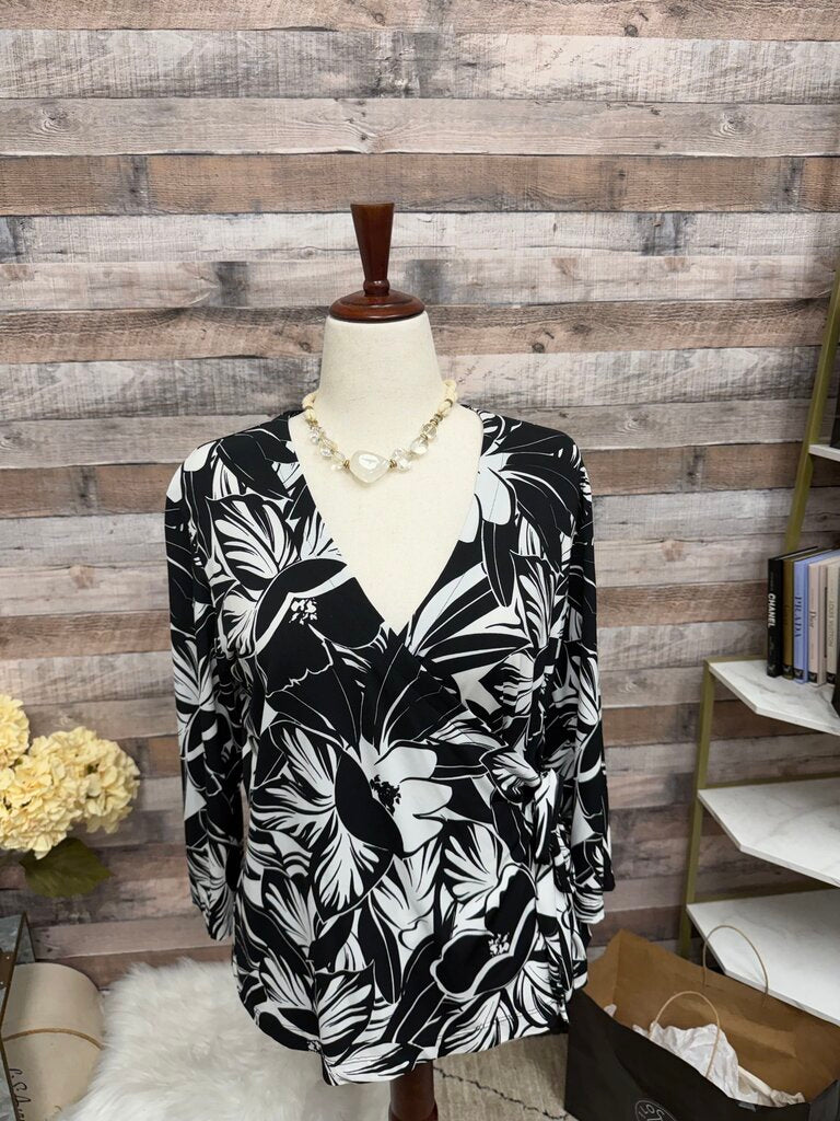 Chico's Black & White Floral Print Wrap Blouse