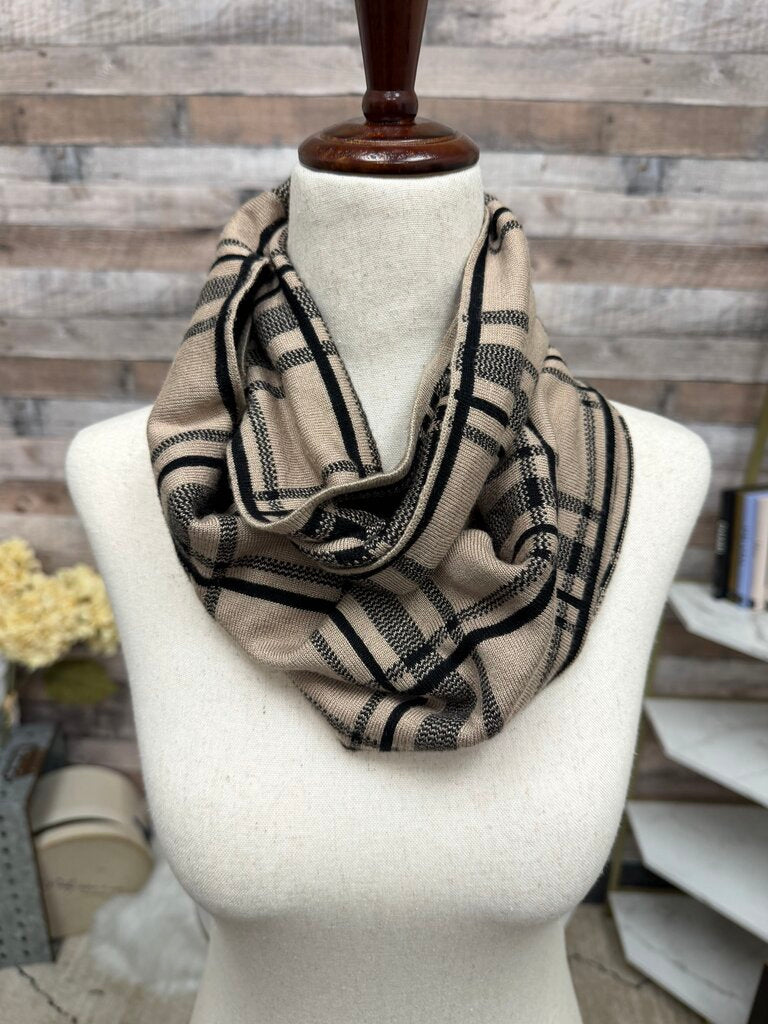 Wool Blend Tan & Black Plaid Pattern Triangular Scarf