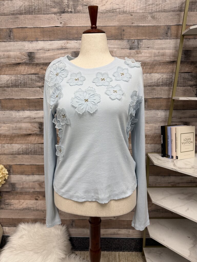 NWT Anthropologie Blue 3-D Floral Crewneck Anthropologie Light Blue L women TOPS