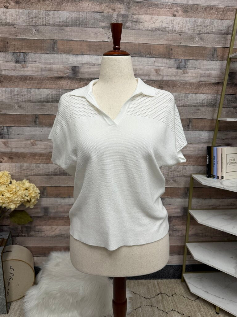 Mila Milano White Short Sleeve Collard Sweater