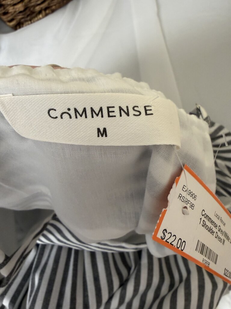 Commense Grey/White Striped 1 Shoulder Dress
