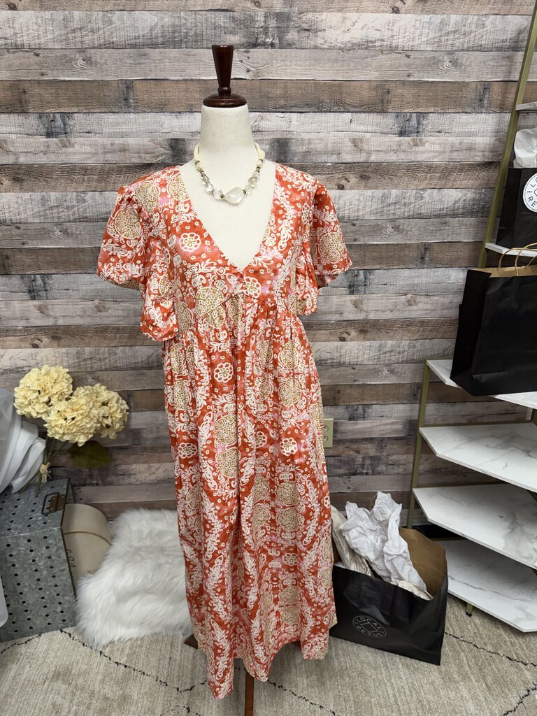 Maeve Red/Brown Floral Ruffle Sleeve Dress