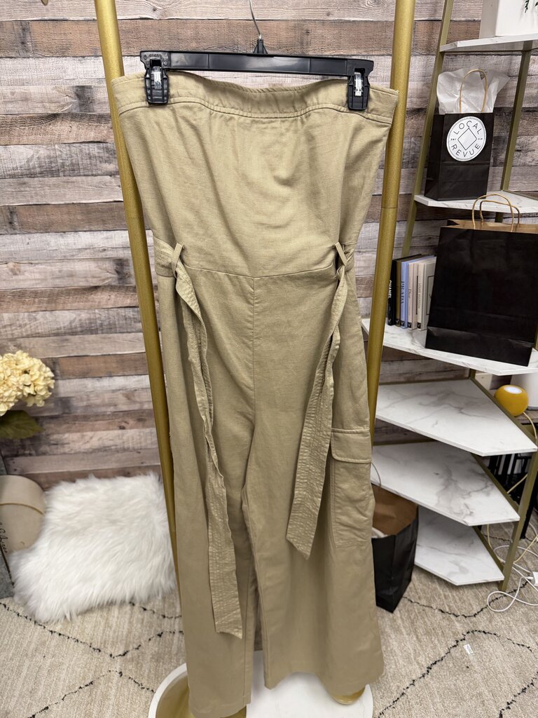 GAP Strapless Tan Cargo Pocket Tie Waist Jumpsuit