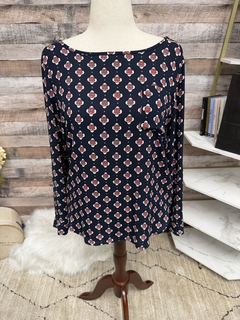 Loft Navy Long Sleeve Blouse With Red & White Floral Pattern