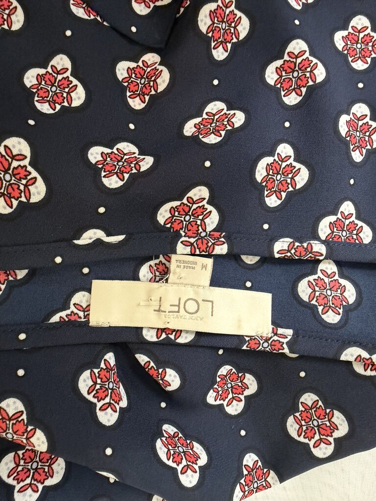 Loft Navy Long Sleeve Blouse With Red & White Floral Pattern