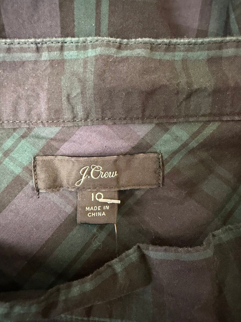 J.Crew Green & Black Plaid Blouse With Silver Button Detail