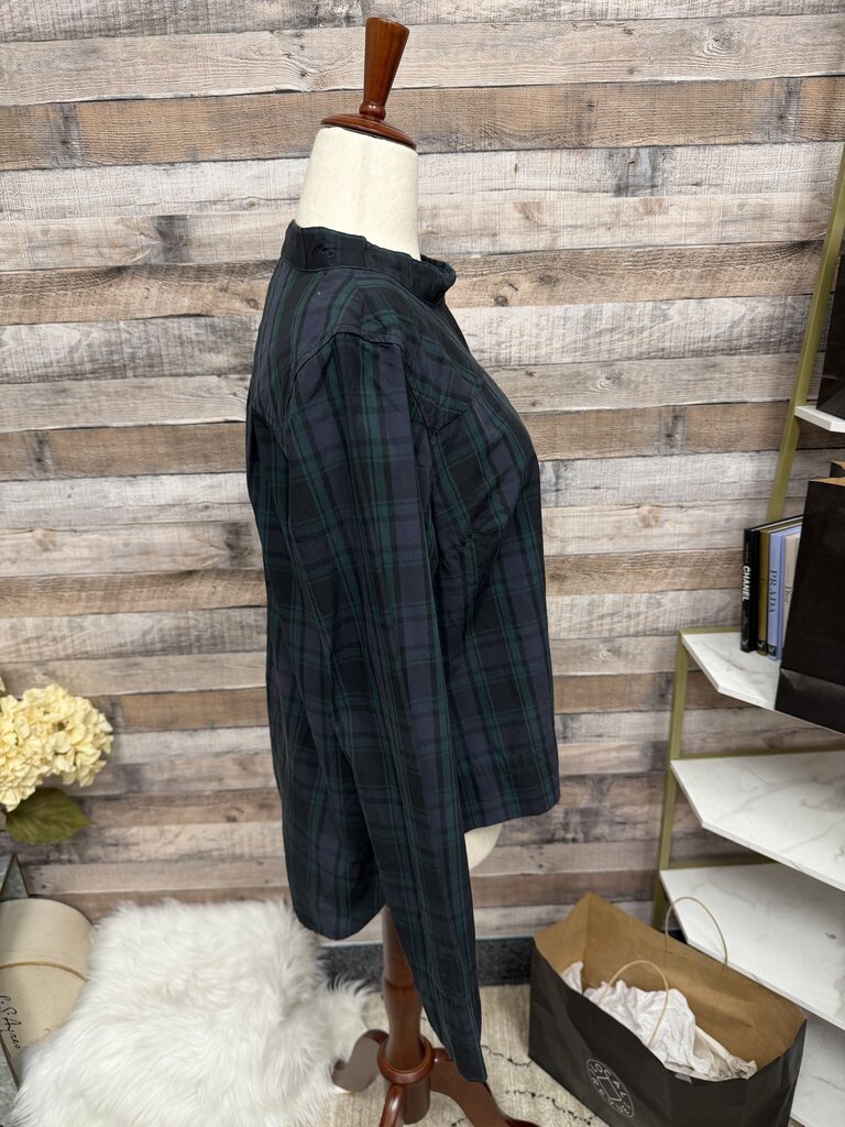 J.Crew Green & Black Plaid Blouse With Silver Button Detail