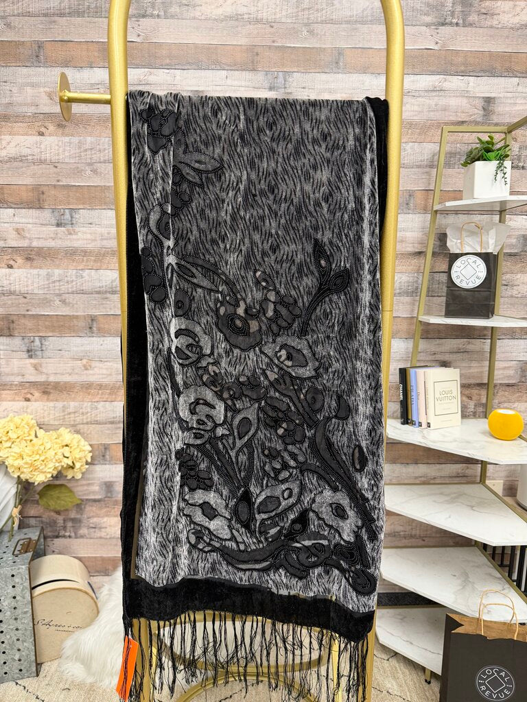 Black/Grey Velvet Loral Pattern Scarf