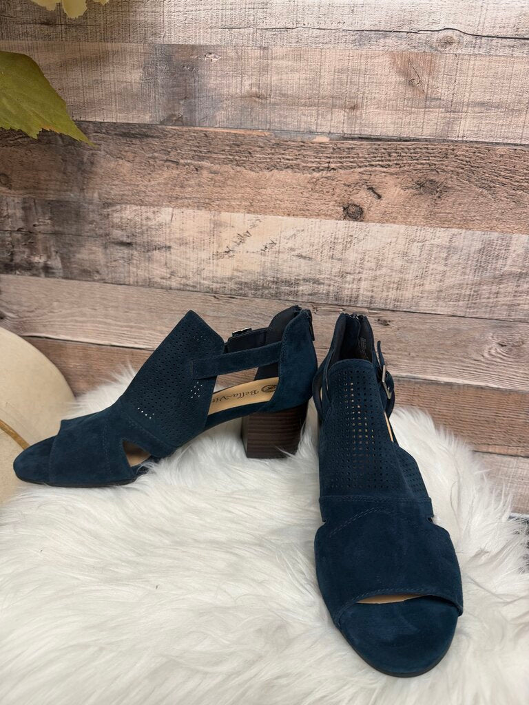 Bella Vita Blue Suede Black Heel Peep Toe Sandal