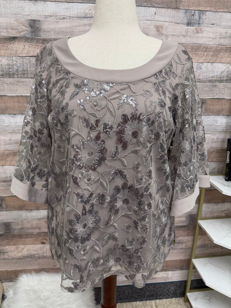 NWT R&M Richards Taupe Short Sleeve Sequin & Mesh
