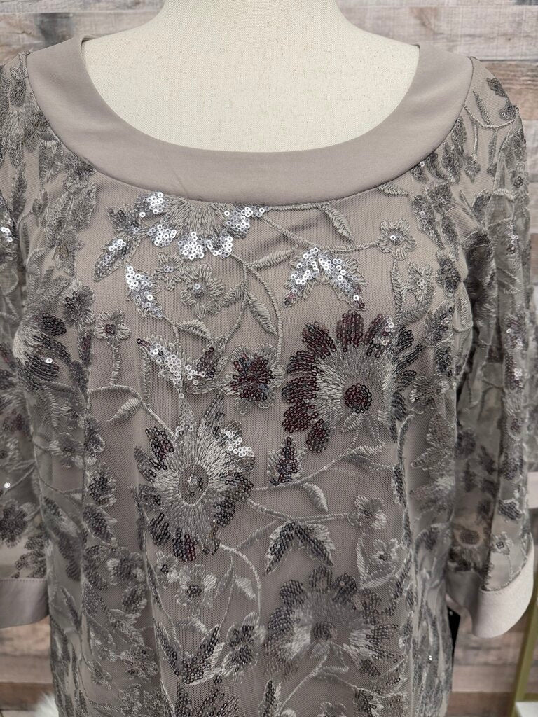 NWT R&M Richards Taupe Short Sleeve Sequin & Mesh