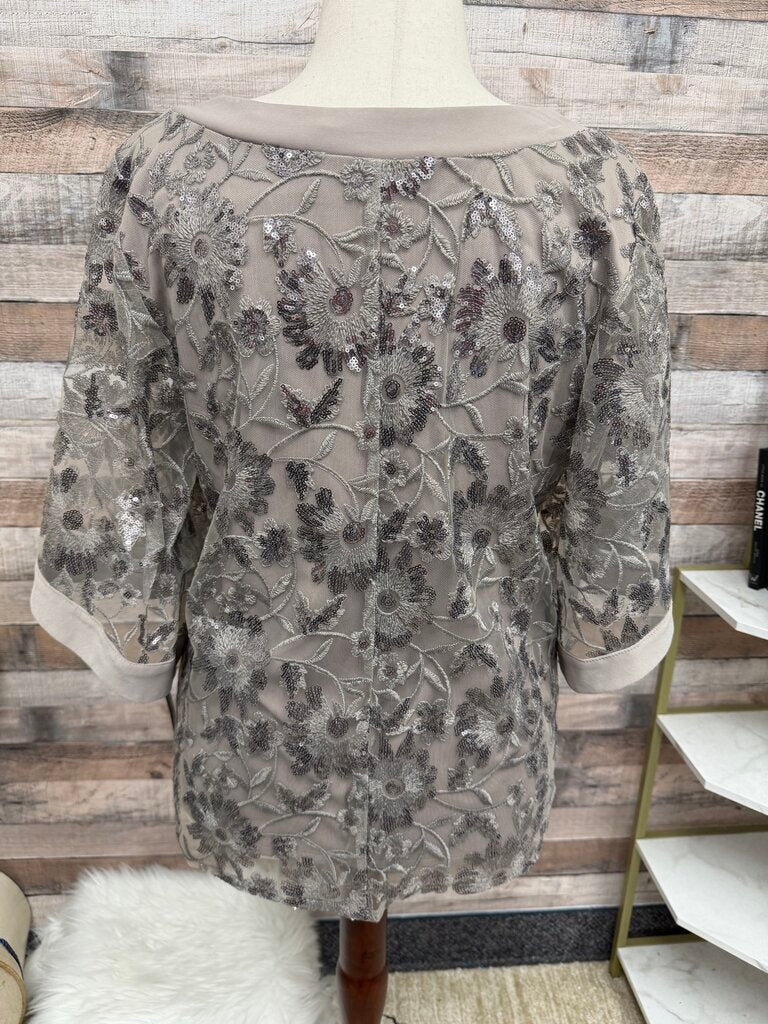 NWT R&M Richards Taupe Short Sleeve Sequin & Mesh