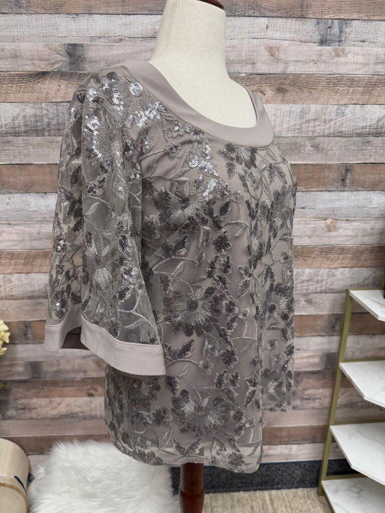 NWT R&M Richards Taupe Short Sleeve Sequin & Mesh