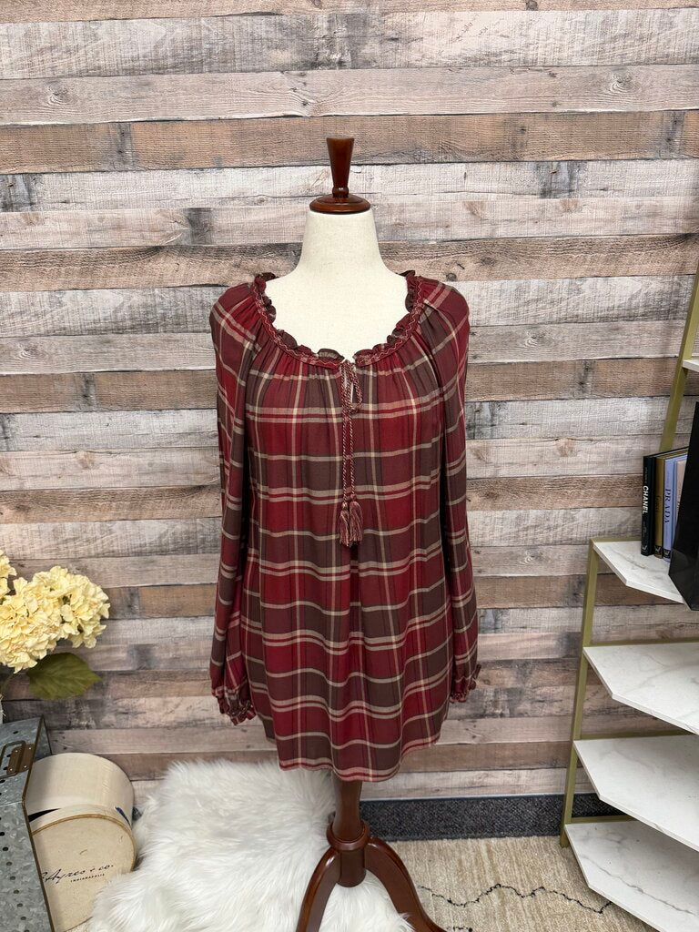 Max Studio Burgundy & Brown Plaid Peasant Ruffle Neck