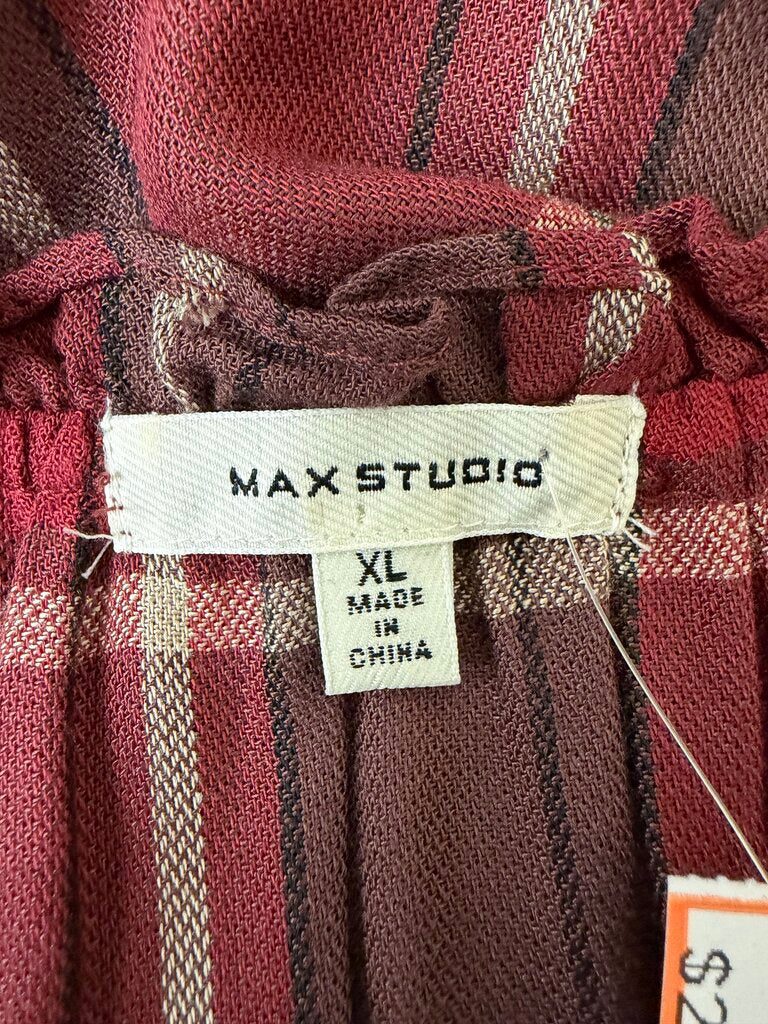 Max Studio Burgundy & Brown Plaid Peasant Ruffle Neck